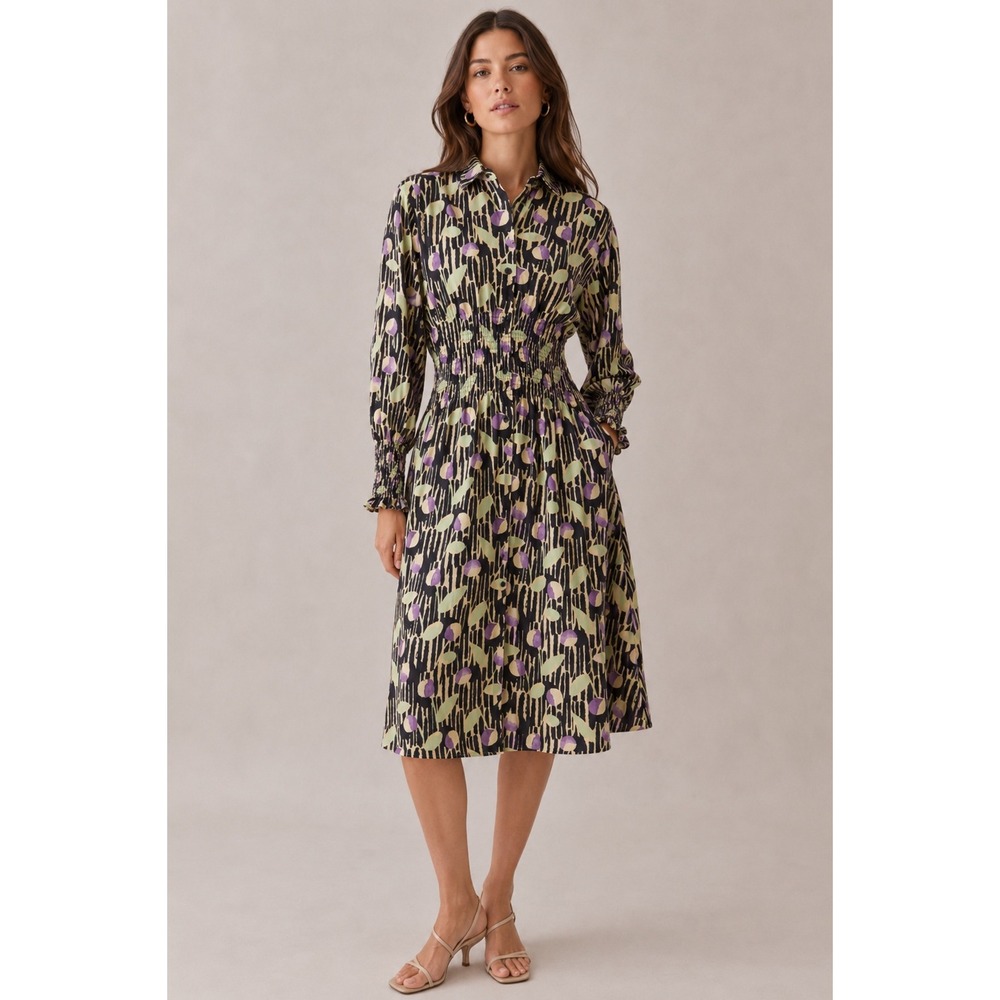 & Other Stories Stockholm Atelier Smocked Waist Midi Dress Abstract Print Size 0